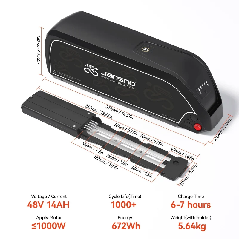 Jansno Battery 14Ah/ 17Ah/ 20Ah/ 23Ah/ 25Ah 48V Battery with Base and Charger Electric Bike Battery