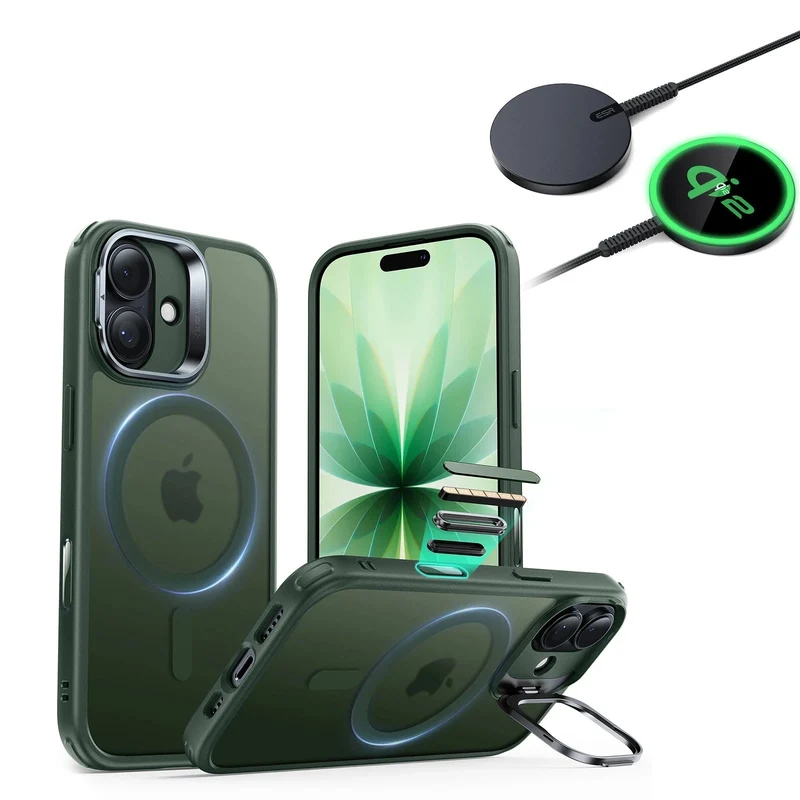 iPhone 17 Bundle Classic Hybrid Magnetic Case (Camera Control, Stash Stand) and Magnetic Charging Pad (Qi2) - Frosted Green