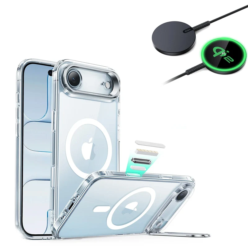 iPhone Air Bundle Classic Hybrid Magnetic Case (Camera Control, Stash Stand) and Magnetic Charging Pad (Qi2) - Clear