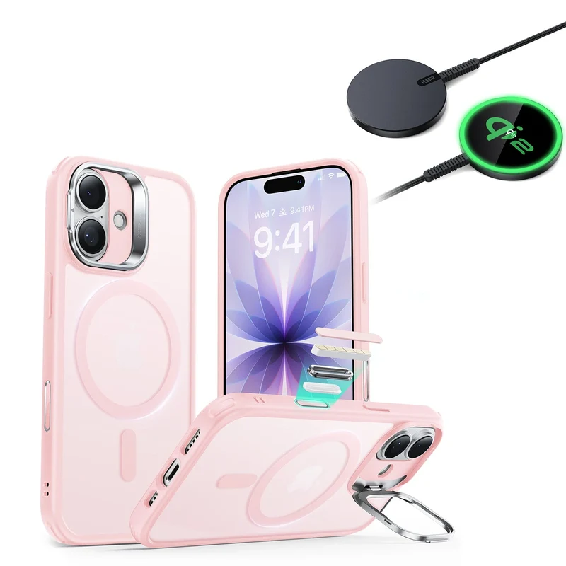 iPhone 17 Bundle Classic Hybrid Magnetic Case (Camera Control, Stash Stand) and Magnetic Charging Pad (Qi2) - Frosted Bubblegum Pink