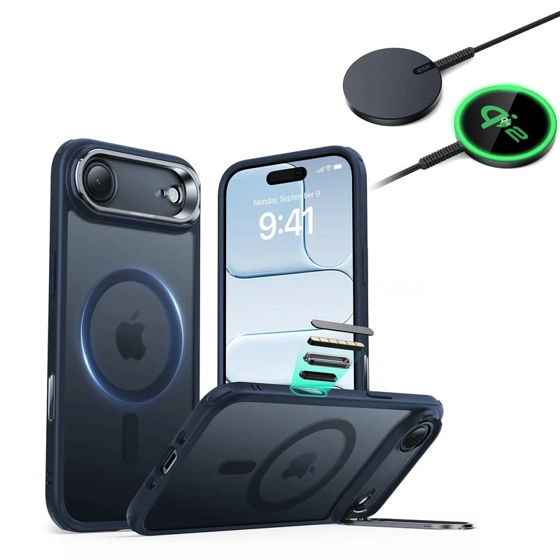 iPhone Air Bundle Classic Hybrid Magnetic Case (Camera Control, Stash Stand) and Magnetic Charging Pad (Qi2) - Frosted Blue