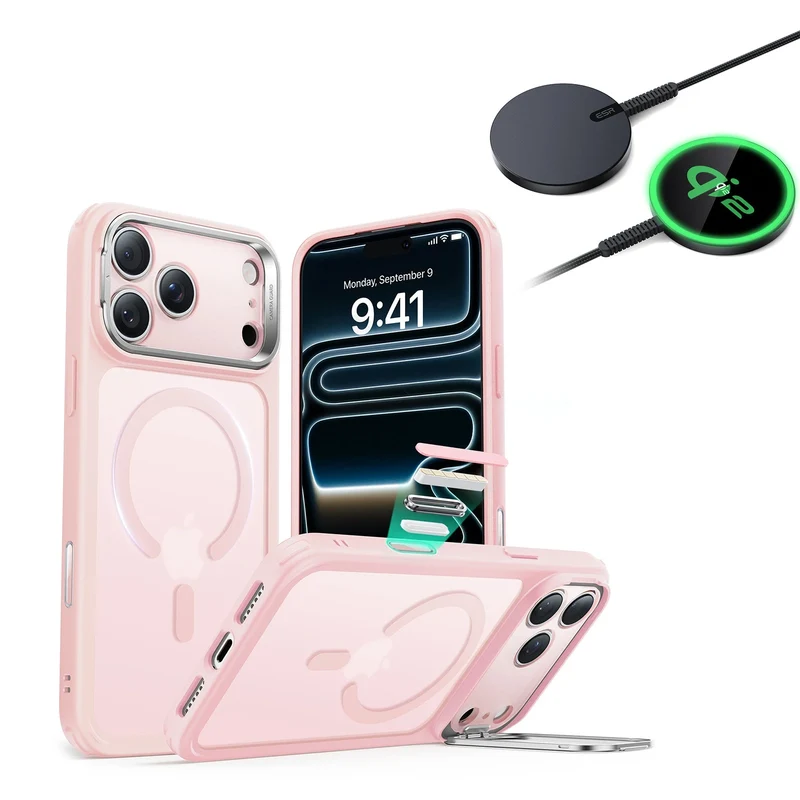 iPhone 17 Pro Max Bundle Classic Hybrid Magnetic Case (Camera Control, Stash Stand) and Magnetic Charging Pad (Qi2) - Frosted Bubblegum Pink