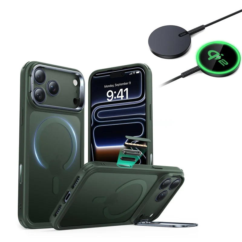 iPhone 17 Pro Max Bundle Classic Hybrid Magnetic Case (Camera Control, Stash Stand) and Magnetic Charging Pad (Qi2) - Frosted Green