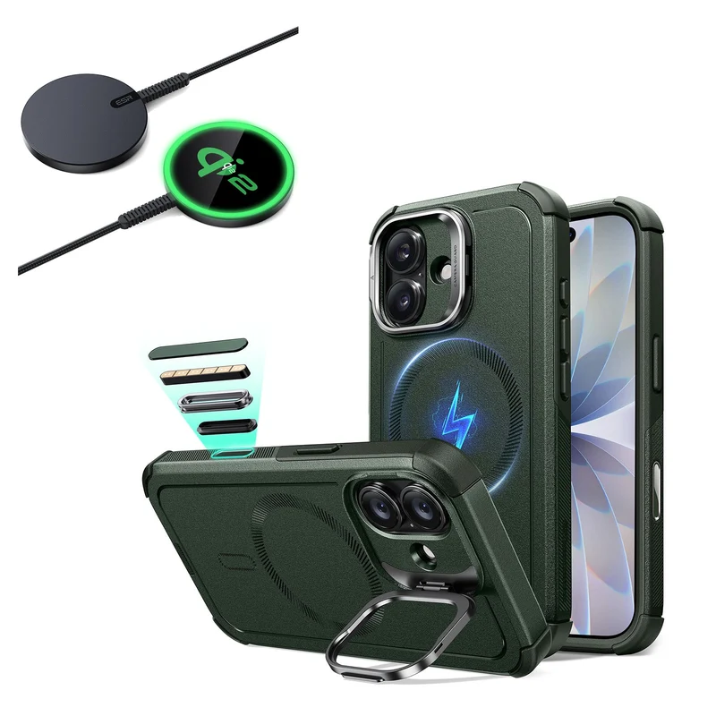 iPhone 17 Bundle Cyber Tough Magnetic Case (Camera Control, Stash Stand) and Magnetic Charging Pad (Qi2) - Olive Green