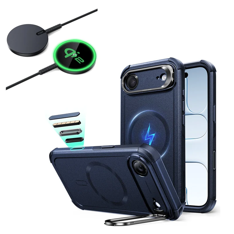 iPhone Air Bundle Cyber Tough Magnetic Case (Camera Control, Stash Stand) and Magnetic Charging Pad (Qi2) - Navy Blue