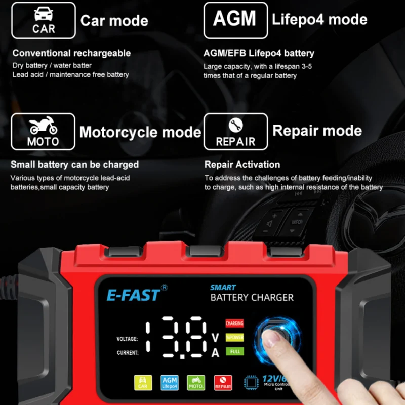 E-FAST Lead Acid Lithium Iron Battery Charger 12V Automotive Battery TK360 Charger for Motorcycle Battery Charge