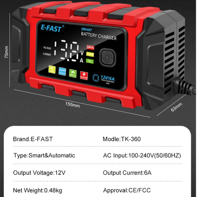 E-FAST Lead Acid Lithium Iron Battery Charger 12V Automotive Battery TK360 Charger for Motorcycle Battery Charge