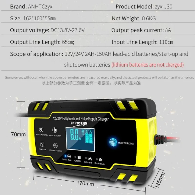 Anhtczyx 12V 24V Lead-acid Battery Charger Car Battery Charger for Motorcycle Battery AGM