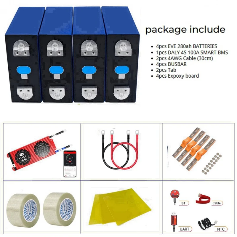 EVE 4PCS 3.2V 280AH Lifepo4 Battery Cells With Daly 4S 12V 100A LiFePO4 BMS PCB Power Supply for RV Boat Off Grid Solar System