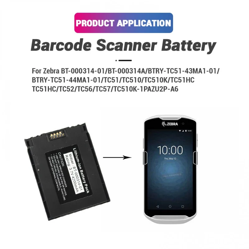 BT-000314-01 Zebra TC51 TC510 3.7V 4200mAh Barcode Scanner Replacement Battery for BTRY-TC51-44MA1-01