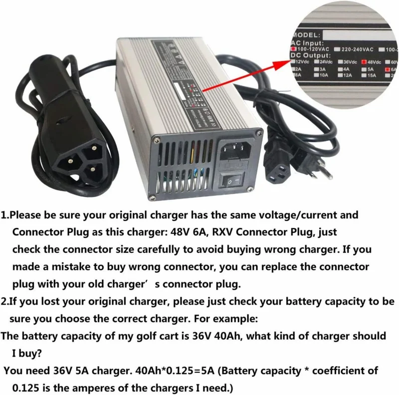 New 48V 6A RXV Golf Cart Battery Charger for Ez-Go EZgo TXT with RXV Plug 3 Prong