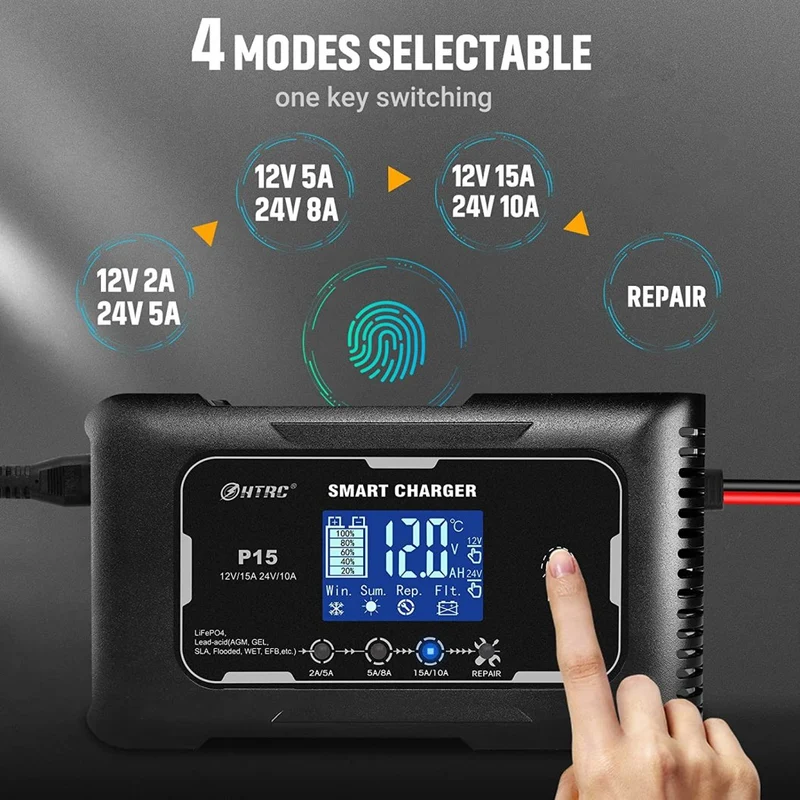 Lifepo4 15A Charger,12V/24V Lead-Acid(AGM/Gel/SLA)/Lithium Lron Trickle Charger,Pulse Repair Car Battery Charger