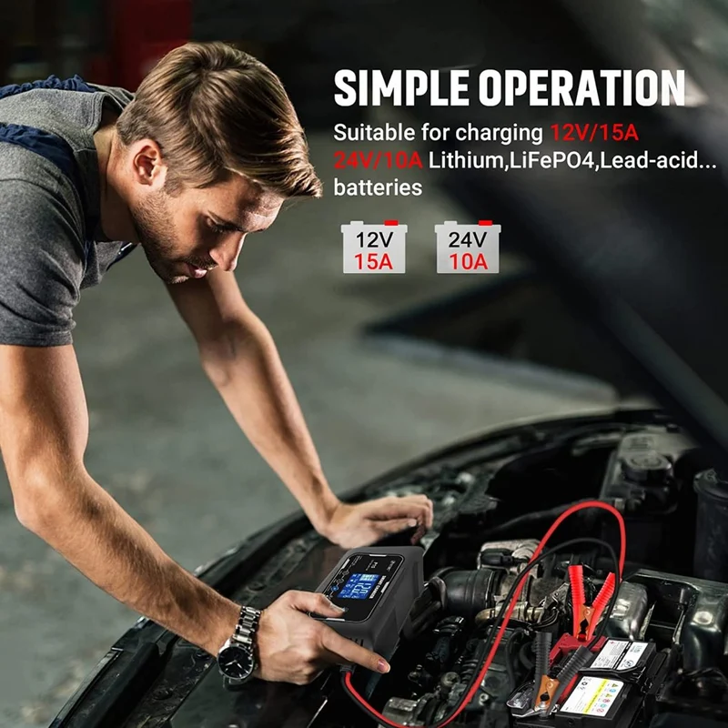 Lifepo4 15A Charger,12V/24V Lead-Acid(AGM/Gel/SLA)/Lithium Lron Trickle Charger,Pulse Repair Car Battery Charger