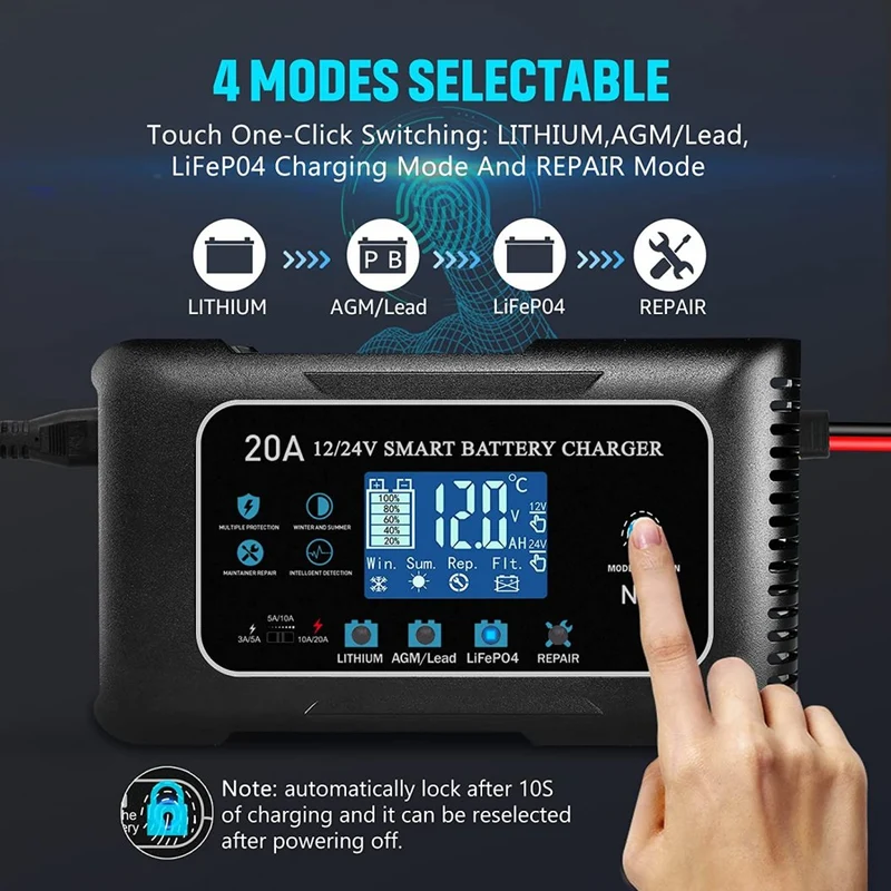 20A 12V/24V Lifepo4 Lithium AGM Gel Battery Charger, Trickle Charger, Maintainer for Car Boat Motorcycle, Lawn Mower