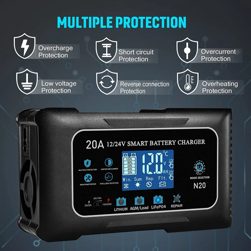 20A 12V/24V Lifepo4 Lithium AGM Gel Battery Charger, Trickle Charger, Maintainer for Car Boat Motorcycle, Lawn Mower