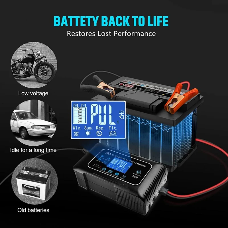 20A 12V/24V Lifepo4 Lithium AGM Gel Battery Charger, Trickle Charger, Maintainer for Car Boat Motorcycle, Lawn Mower