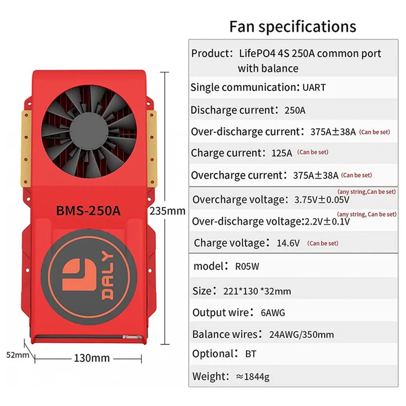 Daly Smart Bms Lifepo 4S 12V 250A FAN Bluetooth BMS Board 52 130 257