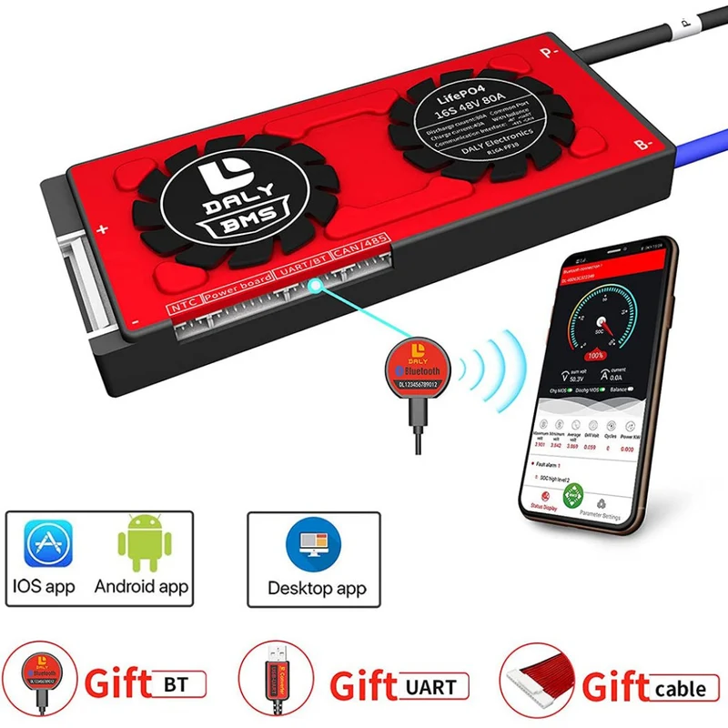 Daly Smart Bms Lifepo4 Li-ion 16S 48V 60V 80A Bluetooth 19 66 150
