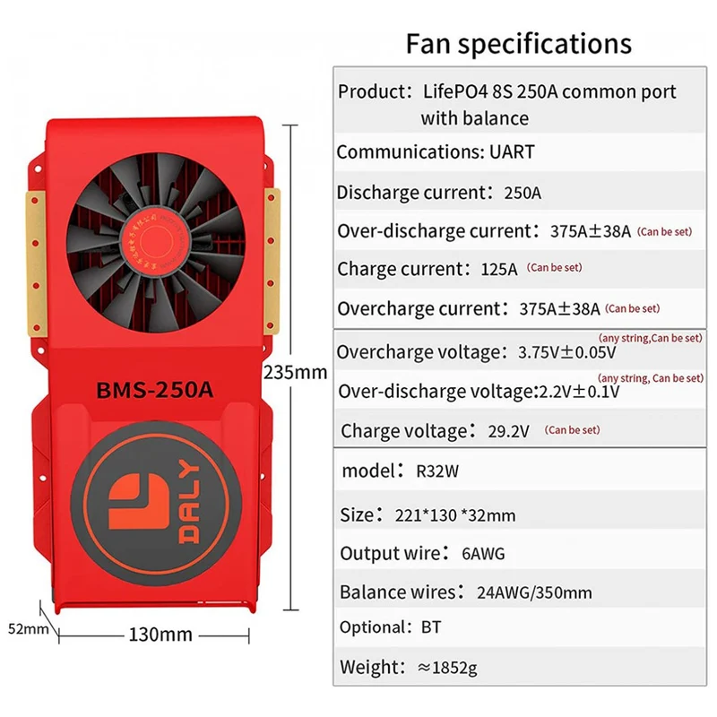 Daly Intelligente Bms Li-ion Lifepo 8S 24V Li-Ion 250A Con Fan Bluetooth 52 130 235