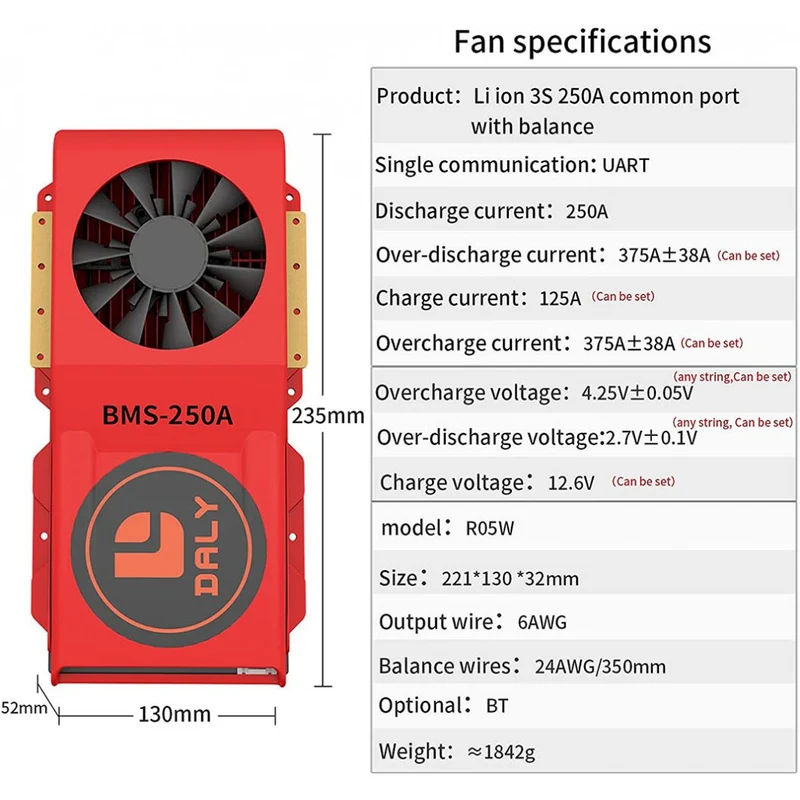 Daly Smart Bms Lion 3S 12V 250A FAN Bluetooth BMS Lithium Battery Protection Card