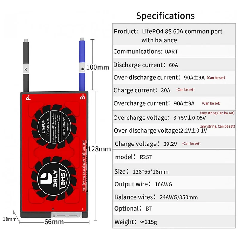 Daly Intelligent BMS Li-ion Lifepo 8S 24V Li-Ion 60A Bluetooth 18 66 128