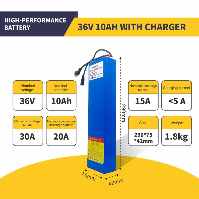 36V 10Ah 10S3P Scooter Replacement Battery 15A BMS for 250W 600W E-bike Scooter