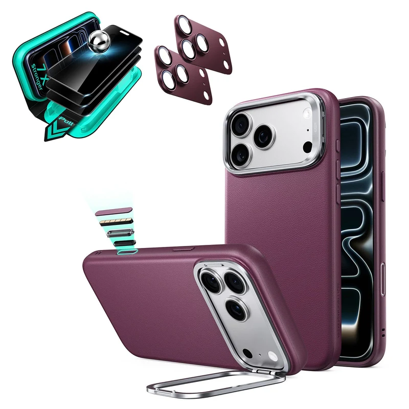 iPhone 18 Pro Max Bundle Atelier Silicone Leather Magnetic Case with Camera Control and Flex Stand, Plus Armorite®️ Privacy Screen Protector - Deep Burgundy