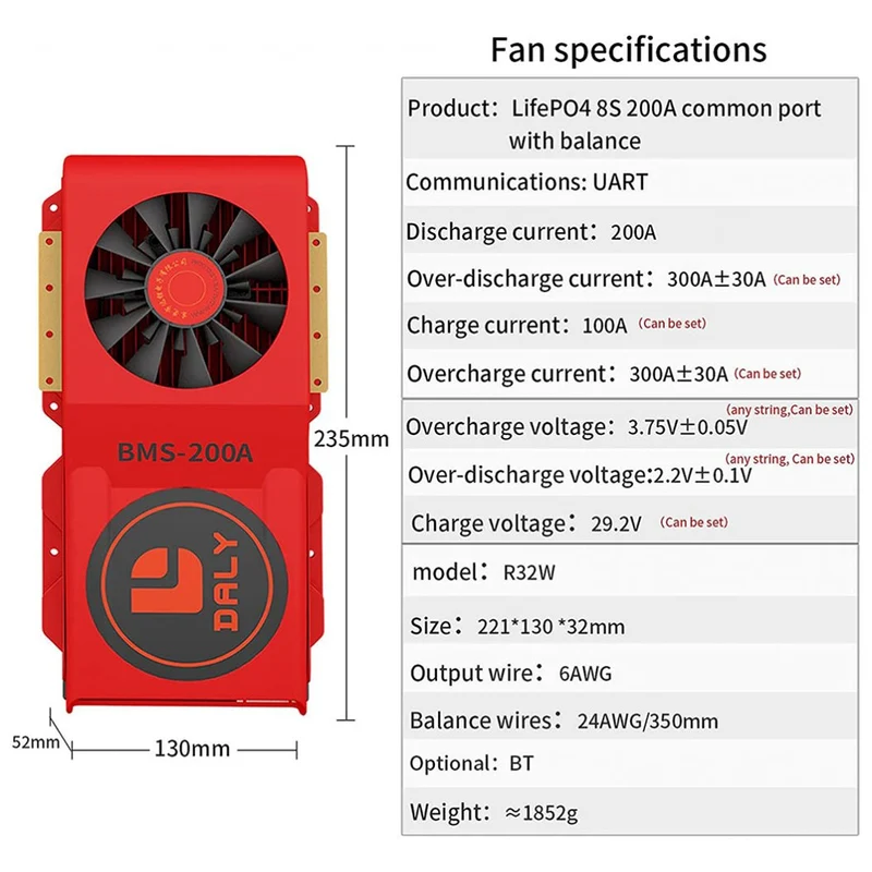 Daly Smart Bms Lifepo4 8S 24V 200A Fan Bluetooth 52 130 235