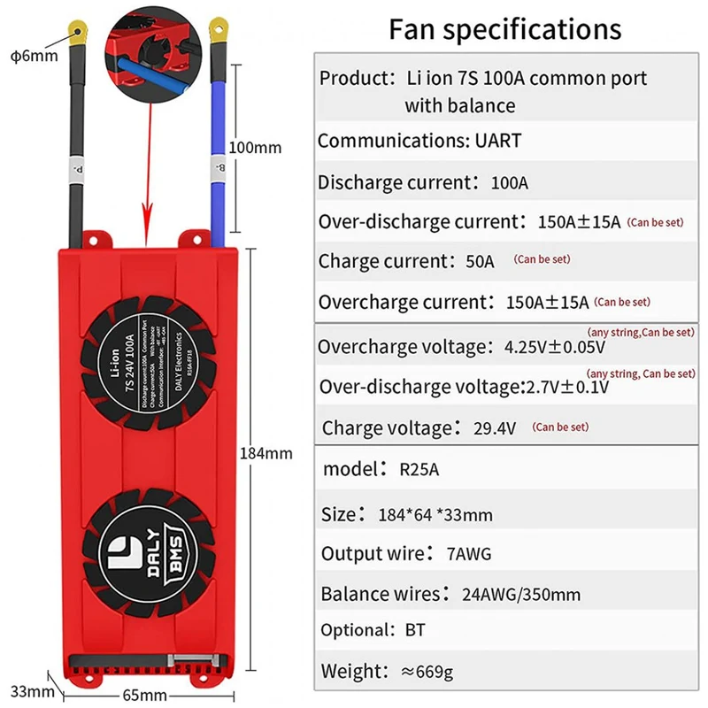 Daly Smart Bms Li-ion 7S 24V 100A Bluetooth with Fan 3365184