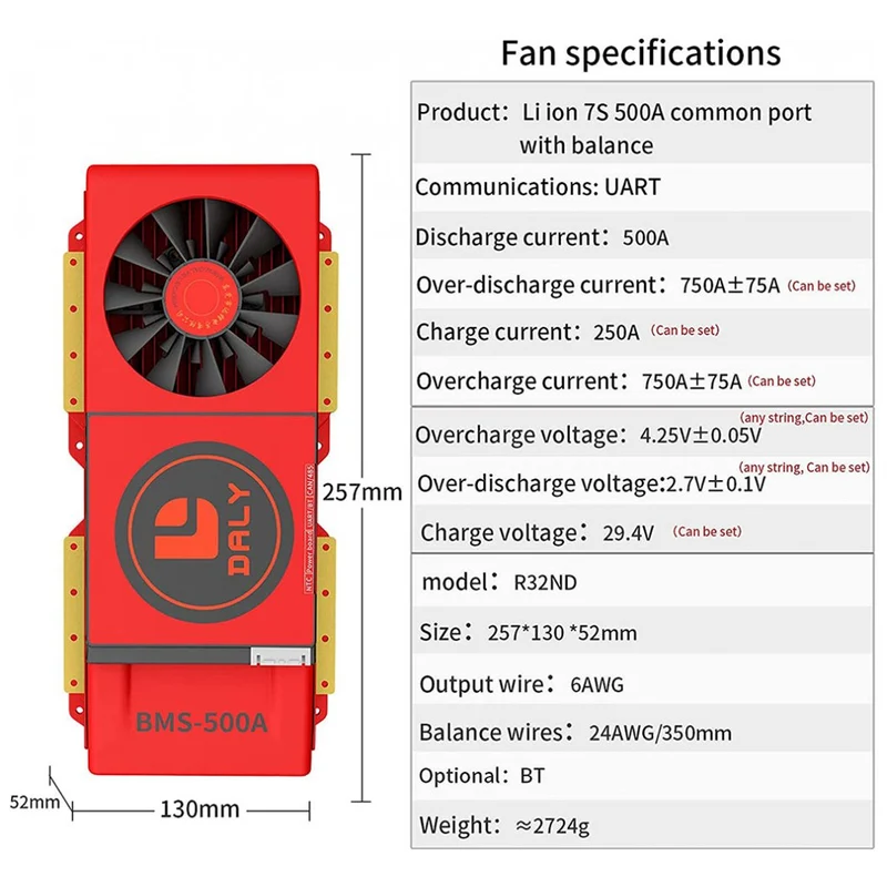 Daly Smart Bms Li-ion 7S 24V 500A with Fan Bluetooth 52130257
