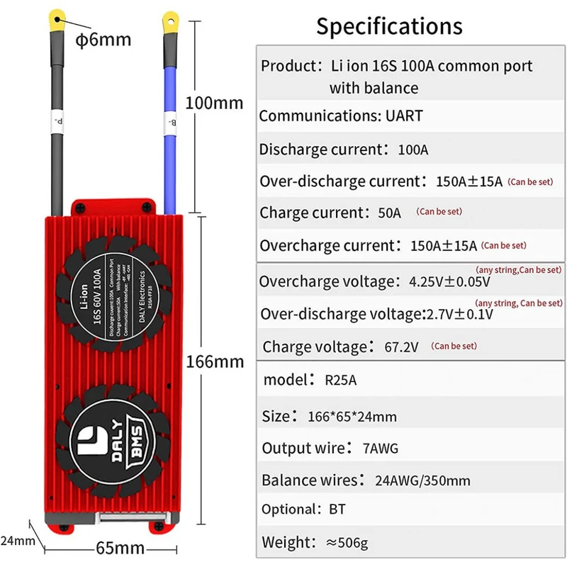 Daly Smart Bms Lifepo4 Li-ion 16S 48V 60V 100A Bluetooth 24 65 166