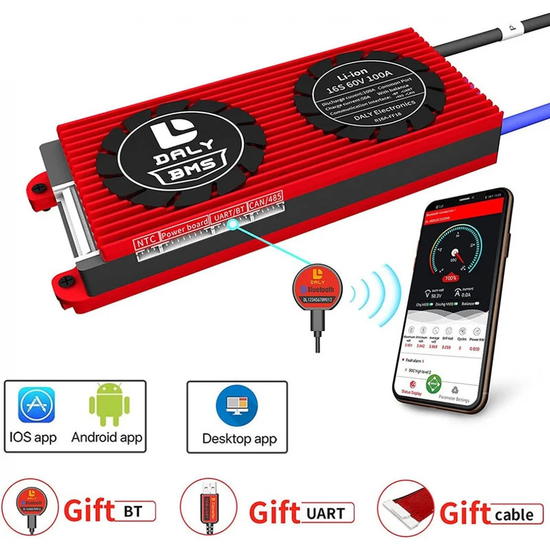 Daly Smart Bms Lifepo4 Li-ion 16S 48V 60V 100A Bluetooth 24 65 166