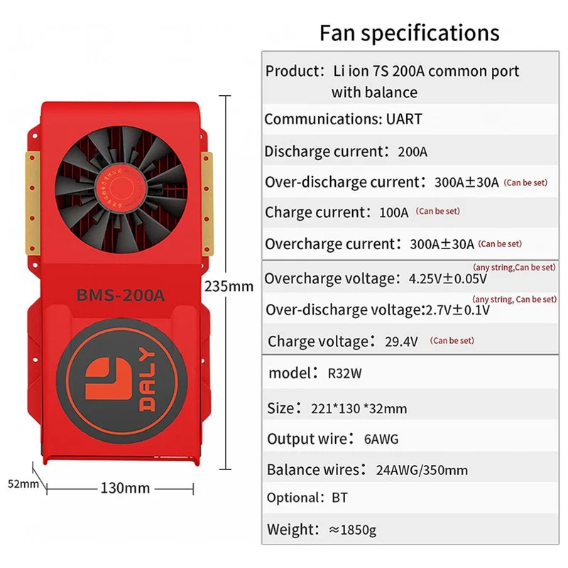 Daly Smart Bms Li-ion 7S 24V 200A with Fan Bluetooth 52130235