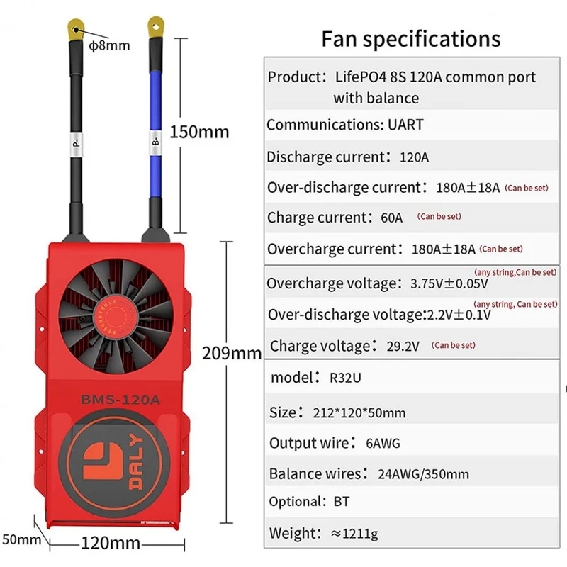 Daly Smart Bms Lifepo4 8S 24V 120A Fan Bluetooth BMS Board 50 120 209
