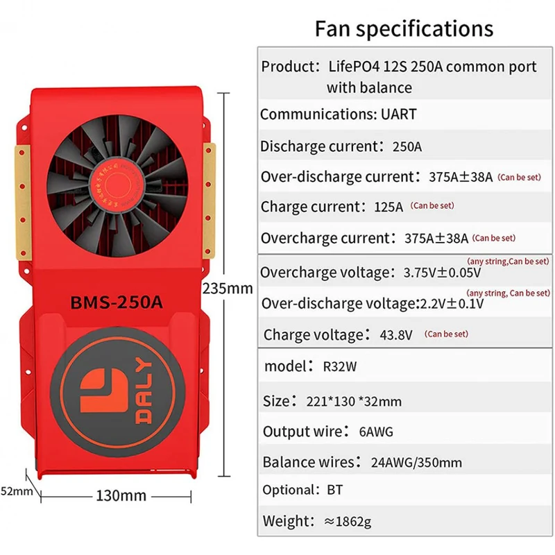 Daly Smart Bms Lifepo4 12S 36V 250A with Fan Bluetooth 52 130 235