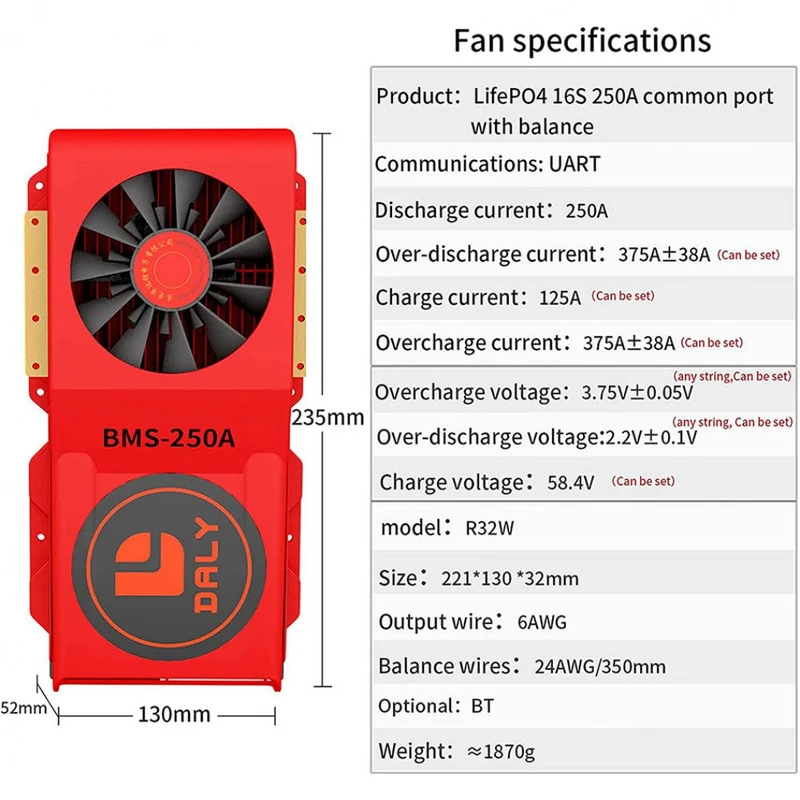 Daly Intelligente Bms Lifepo4 Li-ion 16S 48V 60V 250A FAN Bluetooth BMS Scheda 52 130 235