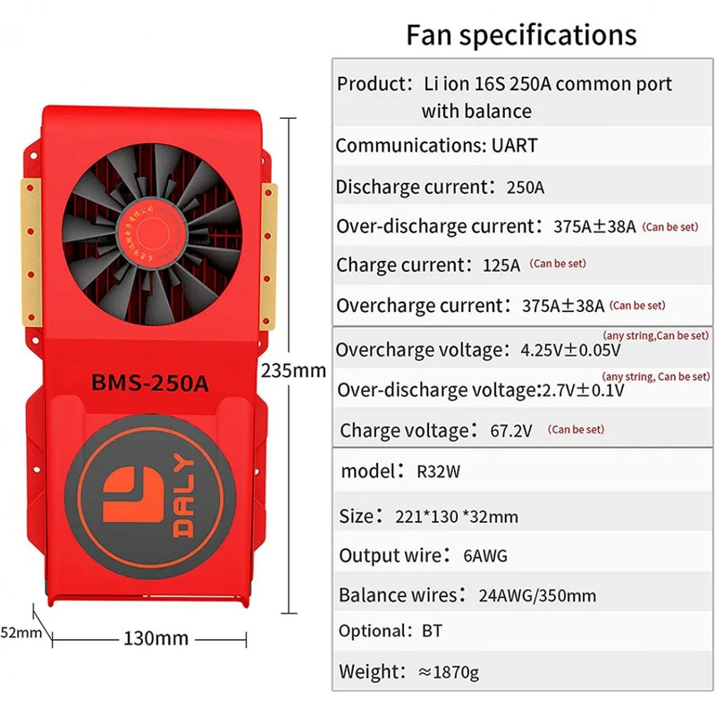 Daly Intelligente Bms Lifepo4 Li-ion 16S 48V 60V 250A FAN Bluetooth BMS Scheda 52 130 235