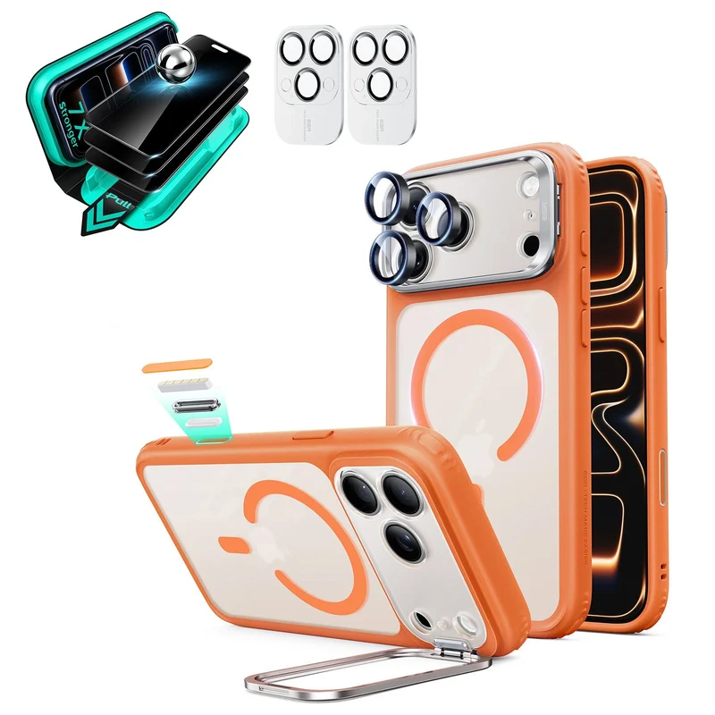 iPhone 18 Pro Bundle Classic Hybrid Magnetic Case with Camera Control and Flex Stand, Plus Armorite®️ Privacy Screen Protector - Frosted Orange