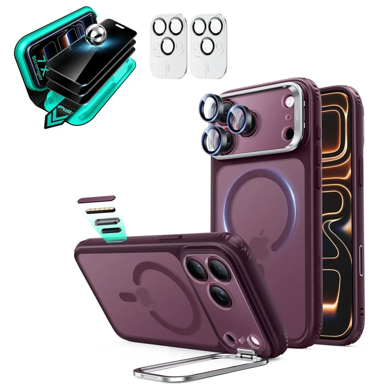 iPhone 18 Pro Bundle Classic Hybrid Magnetic Case with Camera Control and Flex Stand, Plus Armorite®️ Privacy Screen Protector - Frosted Deep Burgundy