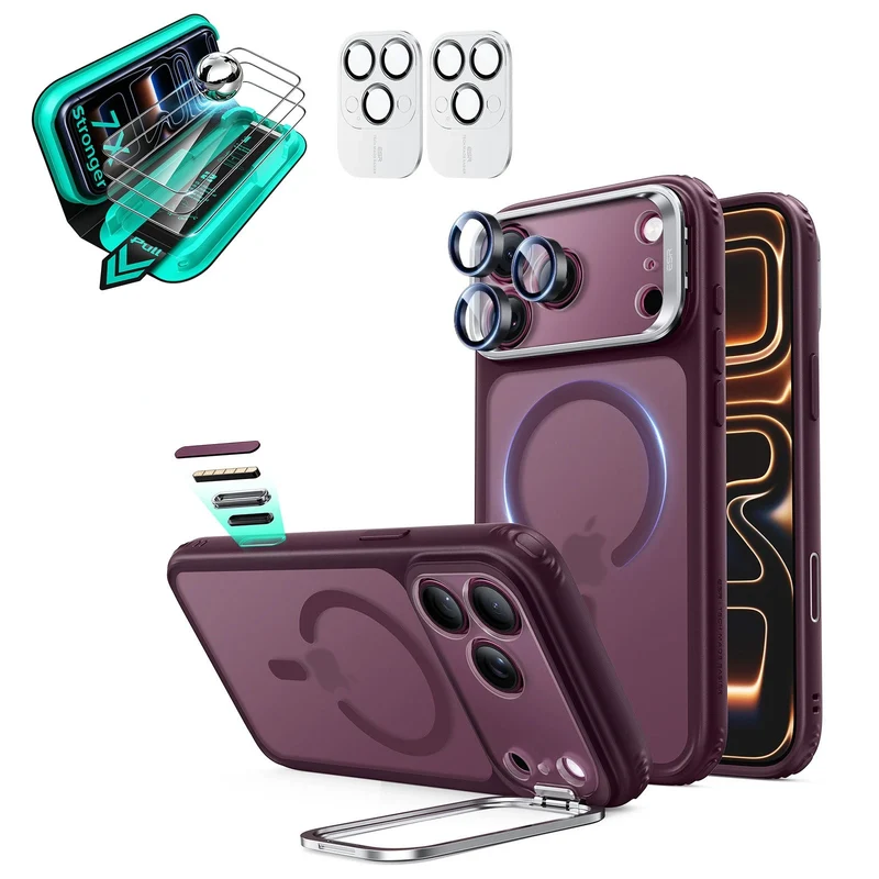 iPhone 18 Pro Bundle Classic Hybrid Magnetic Case with Camera Control and Flex Stand, Plus Armorite®️ Screen Protector - Frosted Deep Burgundy
