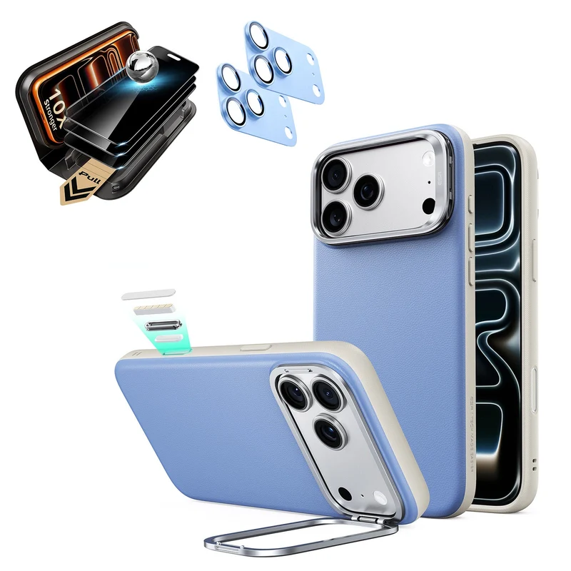 iPhone 18 Pro Max Bundle Atelier Silicone Leather Magnetic Case with Camera Control and Flex Stand, Plus Armorite®️ Pro Privacy Screen Protector - Misty Blue