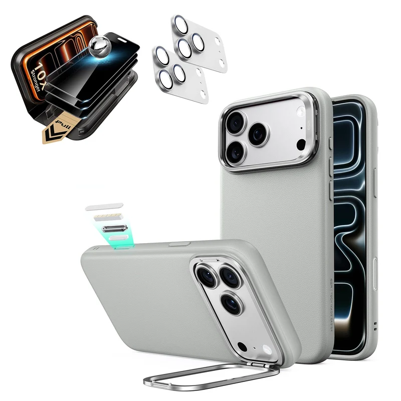 iPhone 18 Pro Max Bundle Atelier Silicone Leather Magnetic Case with Camera Control and Flex Stand, Plus Armorite®️ Pro Privacy Screen Protector - Light Gray