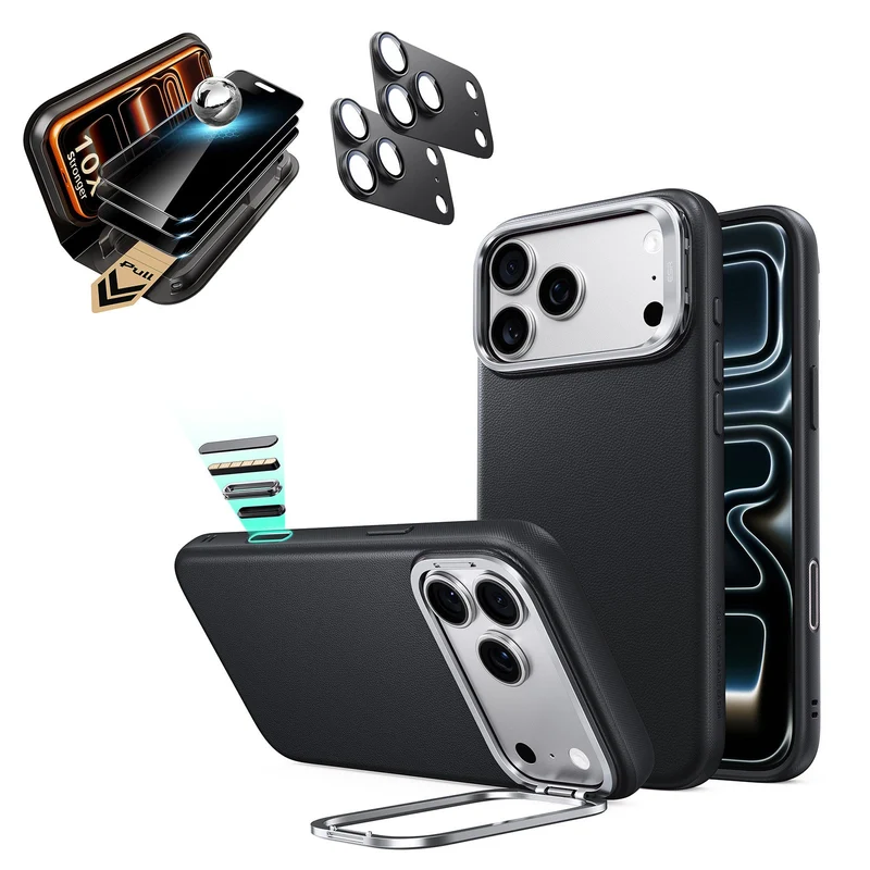iPhone 18 Pro Max Bundle Atelier Silicone Leather Magnetic Case with Camera Control and Flex Stand, Plus Armorite®️ Pro Privacy Screen Protector - Black