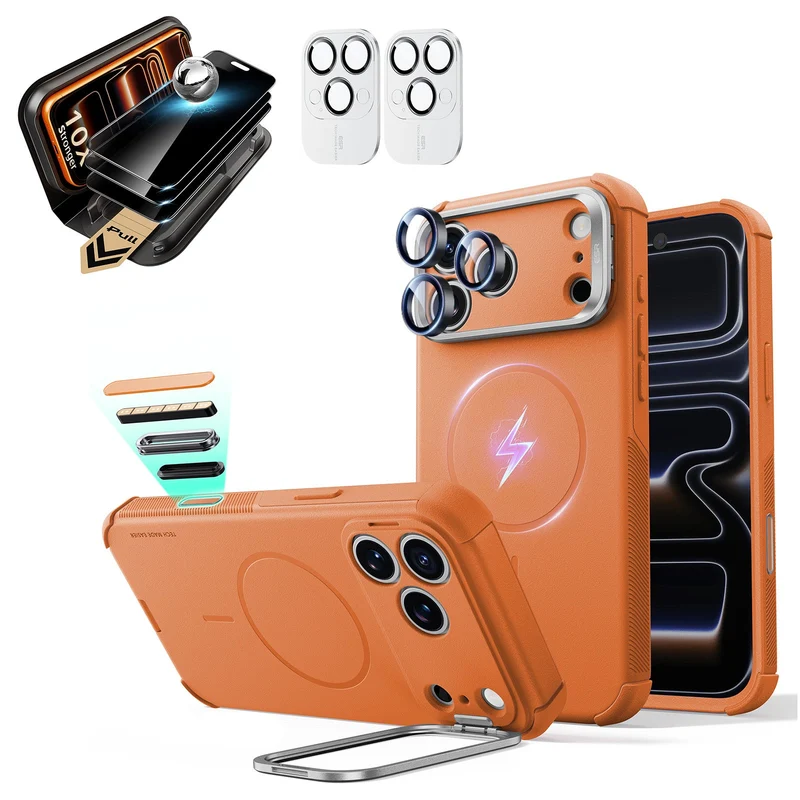 iPhone 18 Pro Max Bundle Cyber Tough Magnetic Case with Camera Control and Flex Stand, Plus Armorite®️ Pro Privacy Screen Protector - Orange