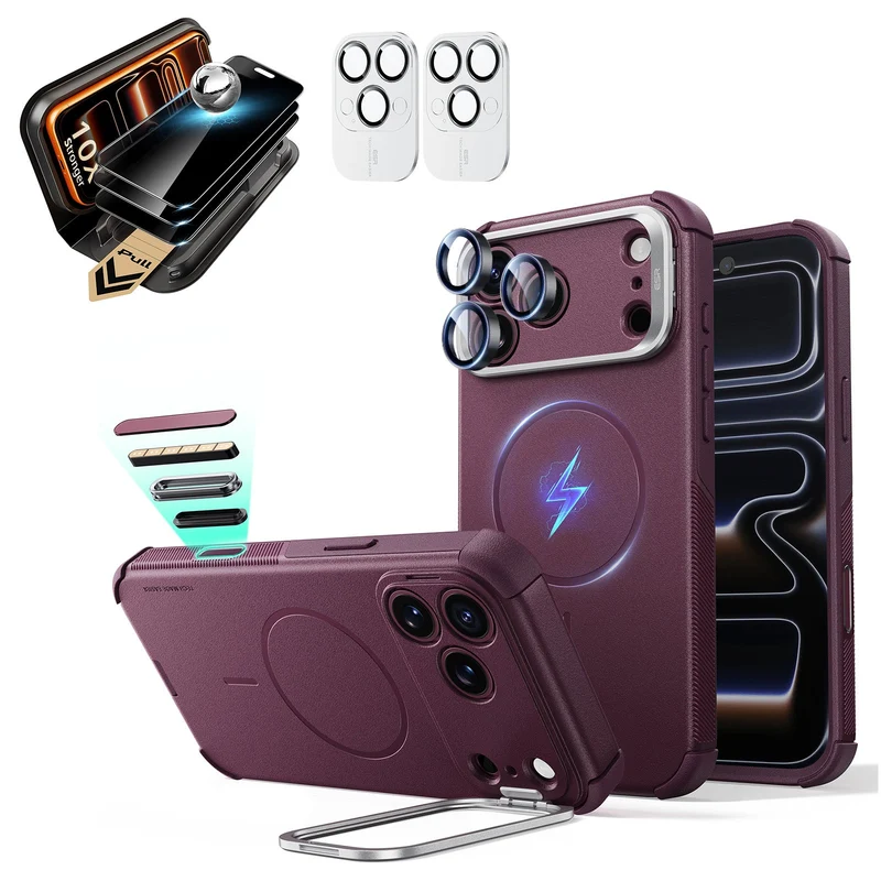 iPhone 18 Pro Max Bundle Cyber Tough Magnetic Case with Camera Control and Flex Stand, Plus Armorite®️ Pro Privacy Screen Protector - Deep Burgundy