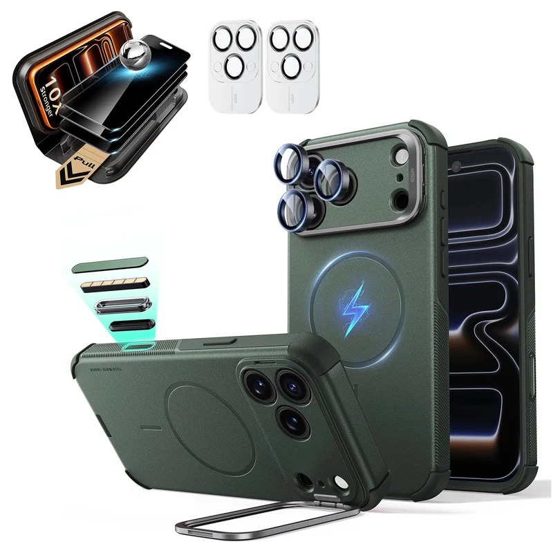 iPhone 18 Pro Bundle Cyber Tough Magnetic Case with Camera Control and Flex Stand, Plus Armorite®️ Pro Privacy Screen Protector - Olive Green