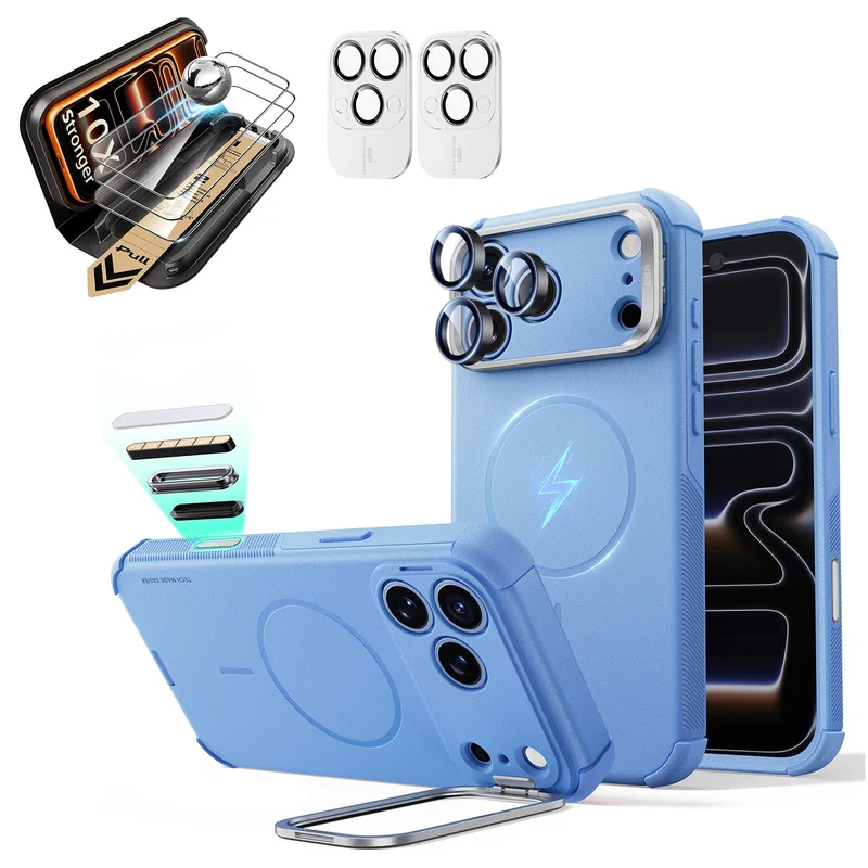 iPhone 18 Pro Bundle Cyber Tough Magnetic Case with Camera Control and Flex Stand, Plus Armorite®️ Pro Screen Protector - Misty Blue