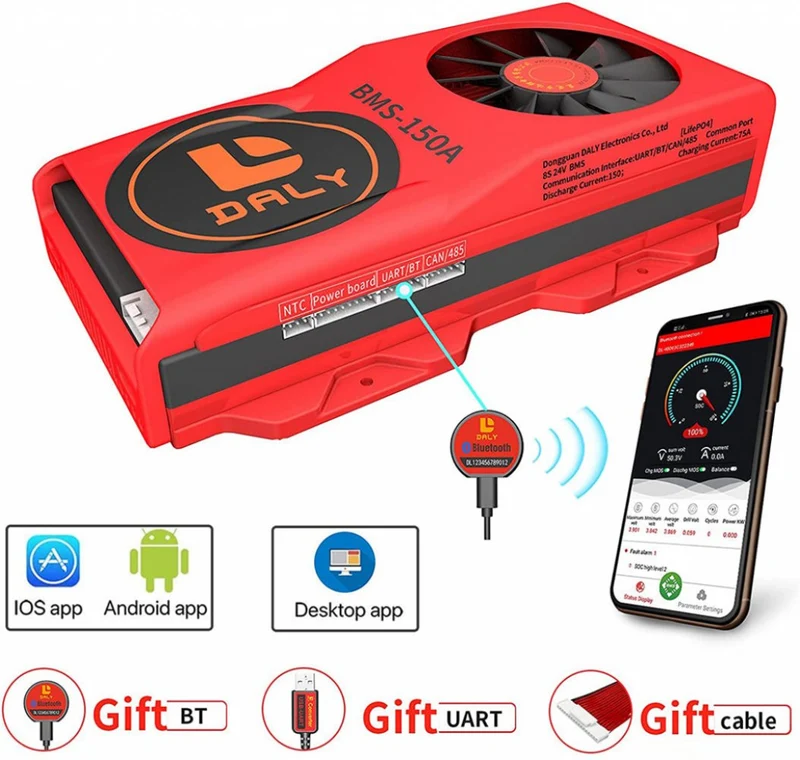 Daly Smart Bms Lifepo4 8S 24V 150A with Fan Bluetooth 50 120 209