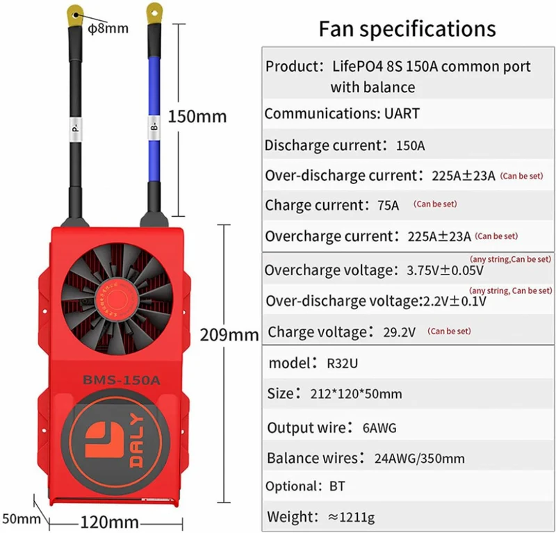 Daly Smart Bms Lifepo4 8S 24V 150A with Fan Bluetooth 50 120 209