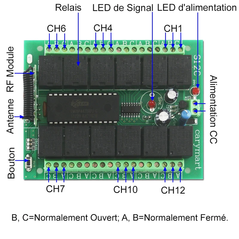 12 Canaux CC 9V 12V 24V Kit Interrupteur Sans Fil avec Télécommande (Modèle: 0020204)
